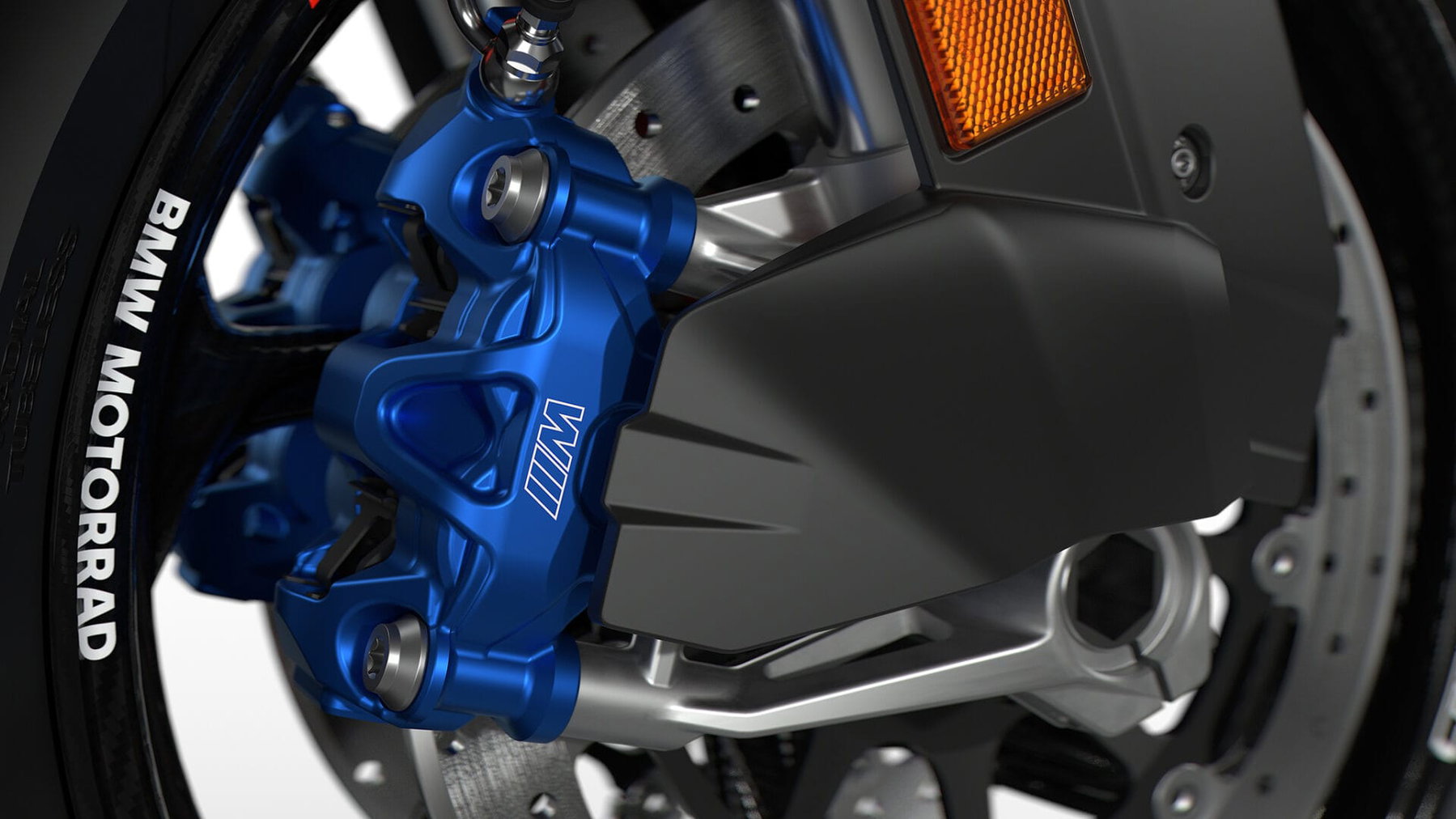 BMW S 1000 RR: Zündschloss-Rückruf trifft die gesamte Baureihe 6 Detailaufnahme der BMW S 1000 RR der Baureihe K67: blauer M Bremssattel, Gabelholm und Vorderrad