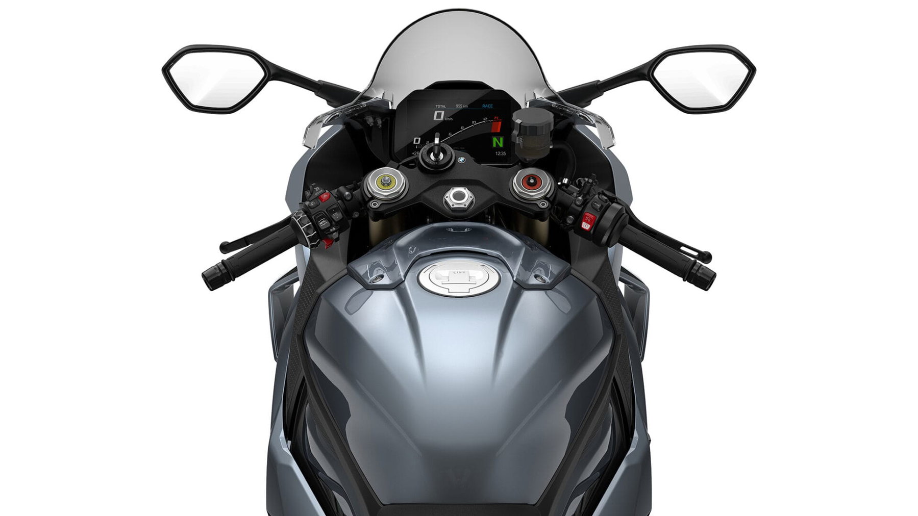 BMW S 1000 RR: Zündschloss-Rückruf trifft die gesamte Baureihe 1 Cockpit der BMW S 1000 RR der Baureihe K67 mit Lenkerstummeln, TFT-Display und Zündschloss an der oberen Gabelbrücke