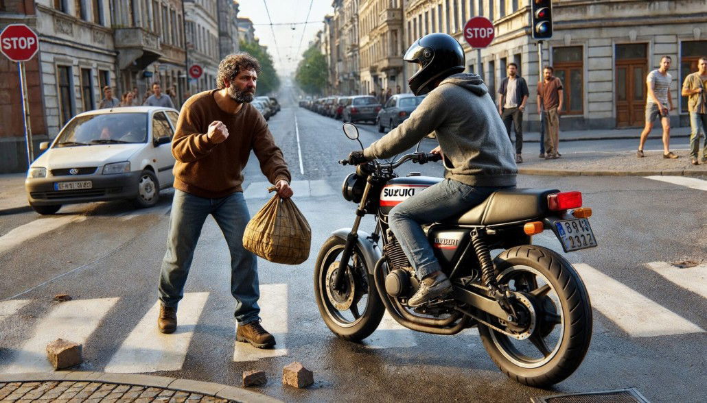 Streit im Straßenverkehr eskaliert: Auseinandersetzung zwischen Motorradfahrer und Fußgänger in Offenbach Streit Motorradfahrer und Fussgaenger am Zebrastreifen