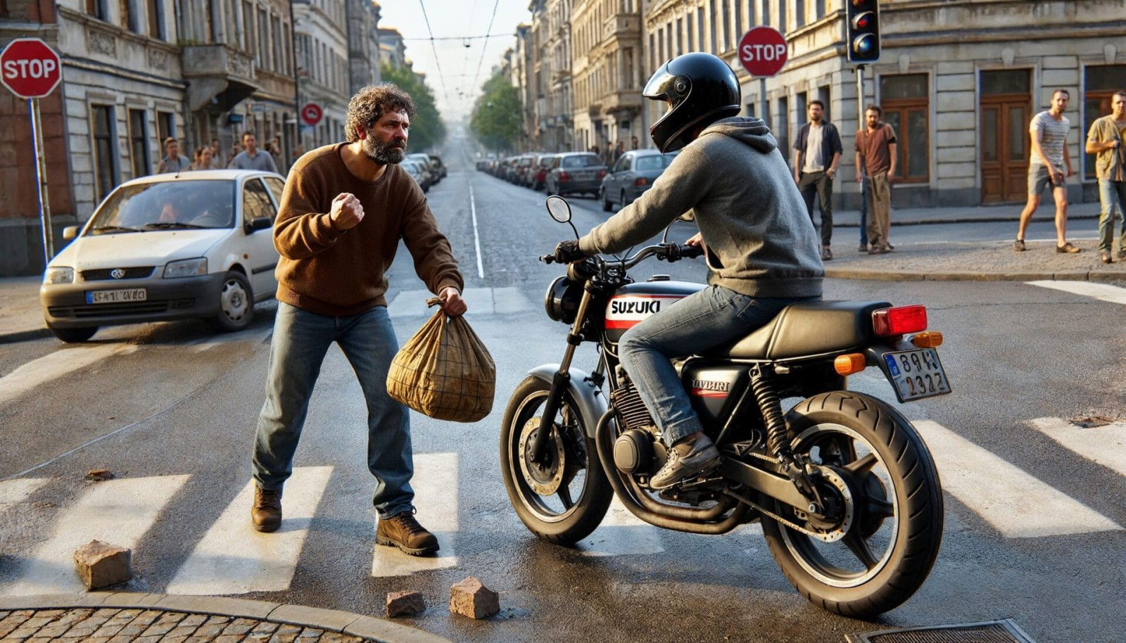 Streit im Straßenverkehr eskaliert: Auseinandersetzung zwischen Motorradfahrer und Fußgänger in Offenbach 25 Streit Motorradfahrer und Fussgaenger am Zebrastreifen