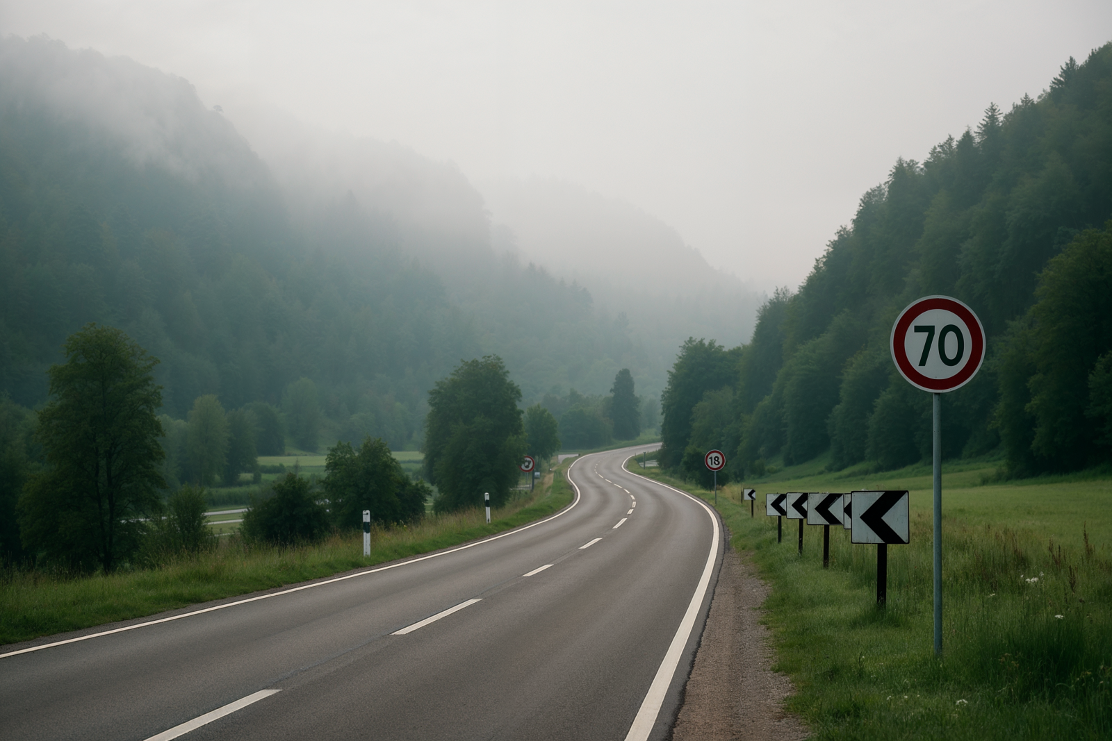 Petition gegen Motorradlärm im Donautal: Land setzt auf Tempolimits und weitere Maßnahmen statt Fahrverbot 25 Strasse mit 70er Begrenzung im Nebel