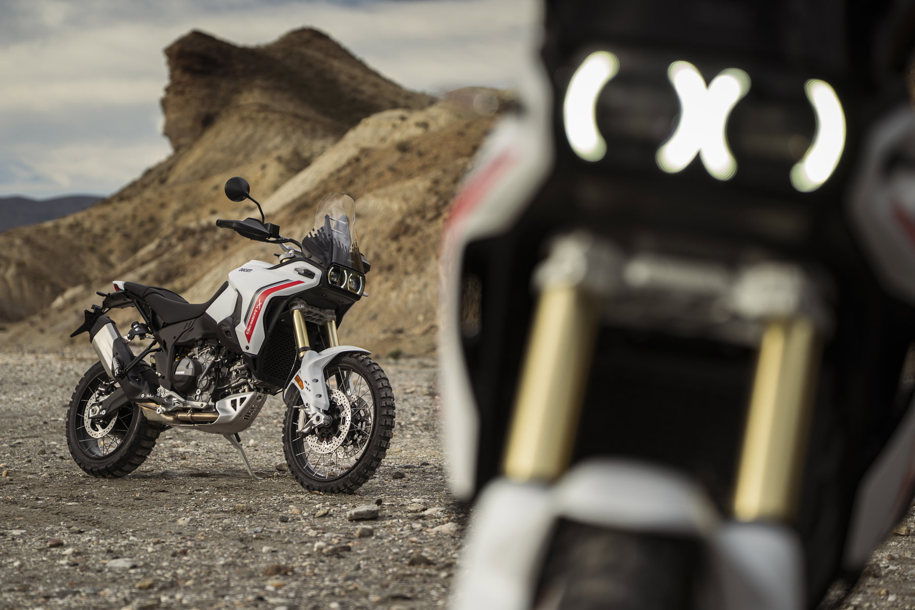 Ducati DesertX des Modelljahres 2026 in statischer Seitenansicht