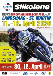 Flyer zum FUCHS SILKOLENE Motorradbergrennen Landshaag–St. Martin 2026 – Lauf zur Bergeuropameisterschaft