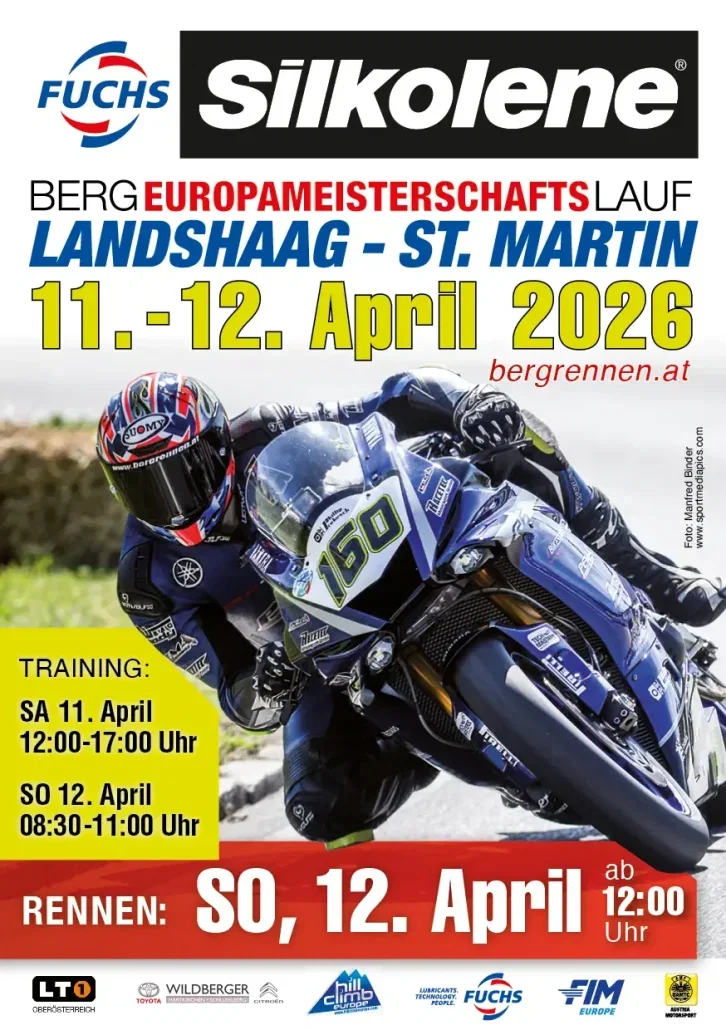 Bergrennen Landshaag 2026: Reisinger sorgt im Training für eine Sensation Flyer zum FUCHS SILKOLENE Motorradbergrennen Landshaag–St. Martin 2026 – Lauf zur Bergeuropameisterschaft