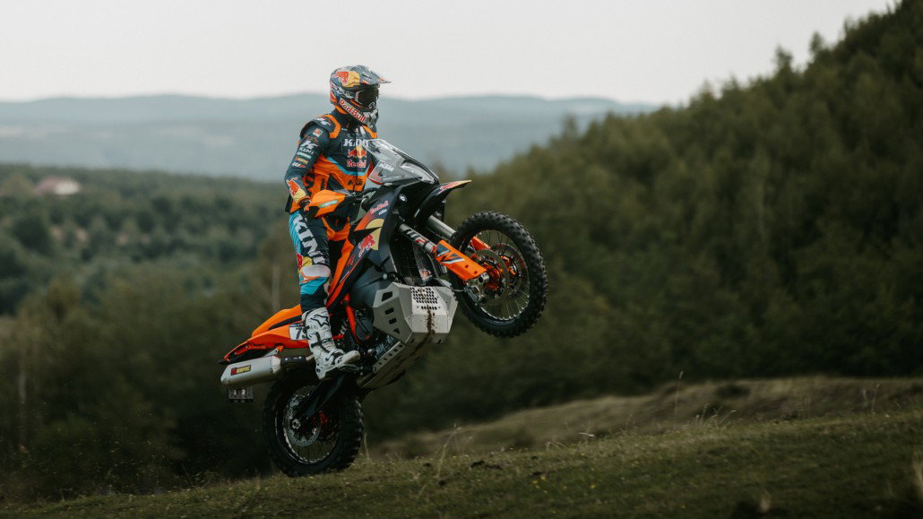 KTM 890 Adventure R Rally 2026 beim Wheelie auf Grashügel mit Bergpanorama – Seitenansicht rechts