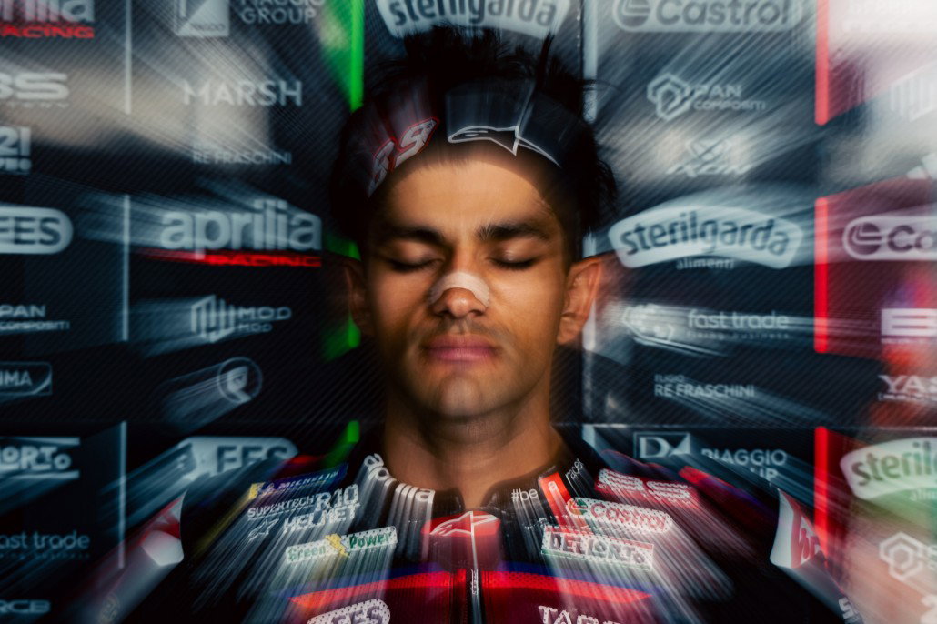 Jorge Martin portrait in the Aprilia Racing box with closed eyes – MotoGP Americas GP Austin 2026