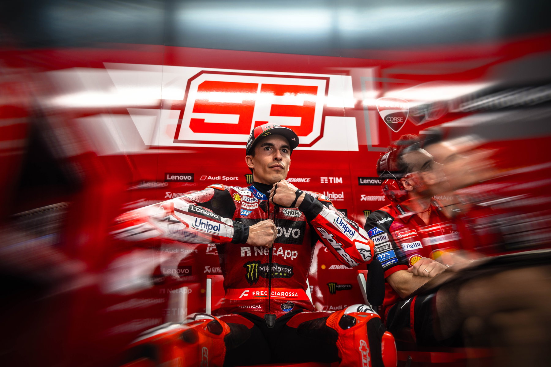 Marc Marquez portrait in the Ducati Lenovo box with number 93 – MotoGP Americas GP COTA 2026