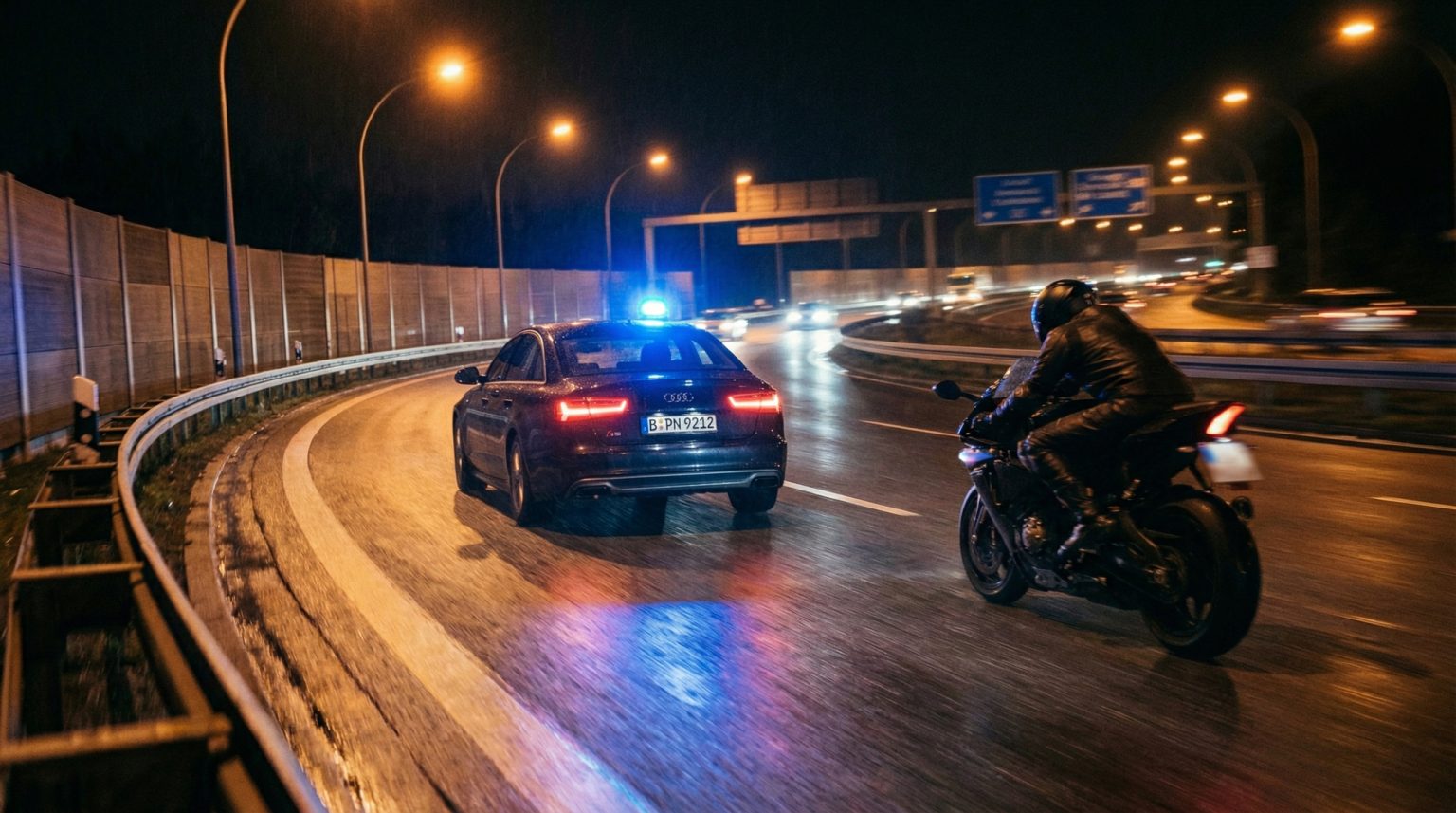 Motorradfahrer fluechtet nachts auf deutscher Autobahn vor zivilem Polizeifahrzeug mit Blaulicht auf dem Dach, Kurvenfahrt auf nasser Fahrbahn, Laermschutzwaende