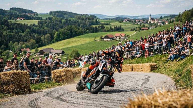Motorrad-Bergrennen auf steiler Bergstraße in österreichischer Hügellandschaft, Rennfahrer in Schräglage mit Zuschauern am Streckenrand und Heuballen als Begrenzung