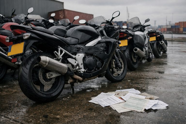 BPM-Betrug in den Niederlanden: Wie gefälschte Schadensberichte den Motorradmarkt unterwandern Gebrauchte Motorräder mit niederländischen Kennzeichen aufgereiht auf nassem Hafengelände, Zolldokumente auf dem Boden verstreut, Schiffscontainer im Hintergrund – Symbolbild BPM-Betrug beim Grauimport in die Niederlande