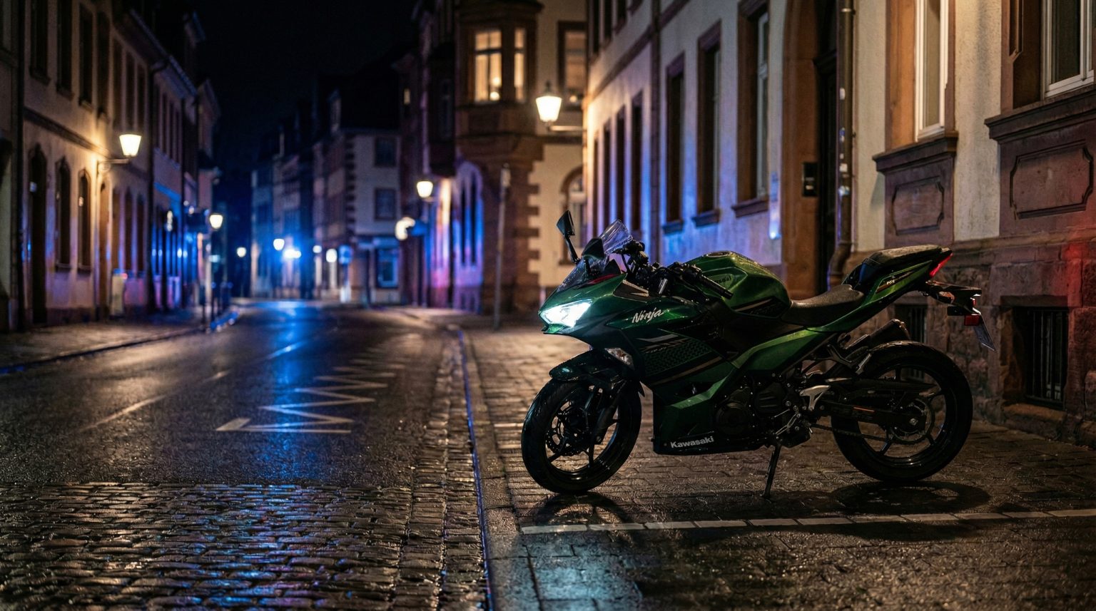 Kawasaki Ninja 400 in Grün auf nächtlicher Kopfsteinpflasterstraße in Hanau mit blauen Polizeilicht-Reflexionen auf nassem Asphalt – Symbolbild zum Alleinrennen-Urteil