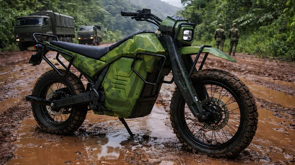 NorthForge Dispatch: Kanada entwickelt Elektro-Enduro für die Armee 1 NorthForge Dispatch 2026 – Jungle-Camouflage (grün) auf schlammigem Dschungelpfad mit Militärfahrzeugen im Hintergrund