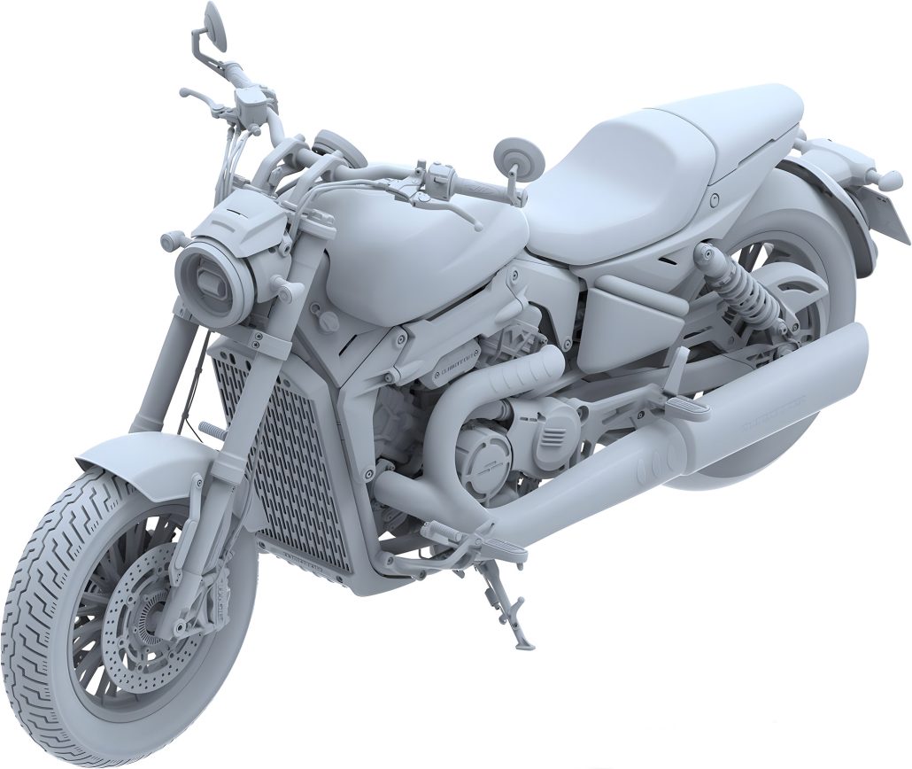 QJMotor Plans V4 Flagship: Equus Design Meets Significantly More Displacement QJMotor V4 Cruiser – Designregistrierung 3D-Render, Dreiviertelansicht von vorne links mit V4-Motor, rundem Scheinwerfer, Kühlergitter und Doppelfederbein