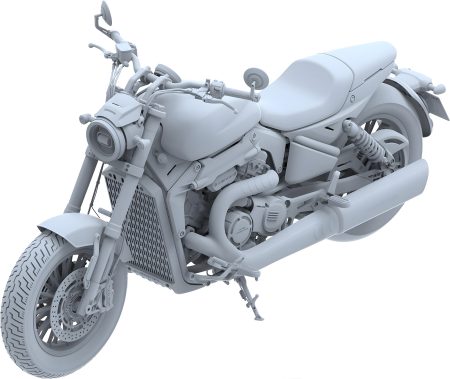 QJMotor V4 Cruiser – Designregistrierung 3D-Render, Dreiviertelansicht von vorne links mit V4-Motor, rundem Scheinwerfer, Kühlergitter und Doppelfederbein