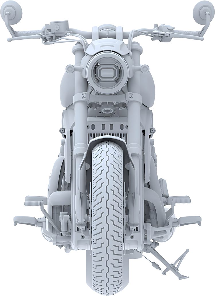 QJMotor Plans V4 Flagship: Equus Design Meets Significantly More Displacement 2 QJMotor V4 Cruiser – Designregistrierung 3D-Render, Frontansicht mit rundem LED-Scheinwerfer, breitem Lenker und Upside-Down-Gabel