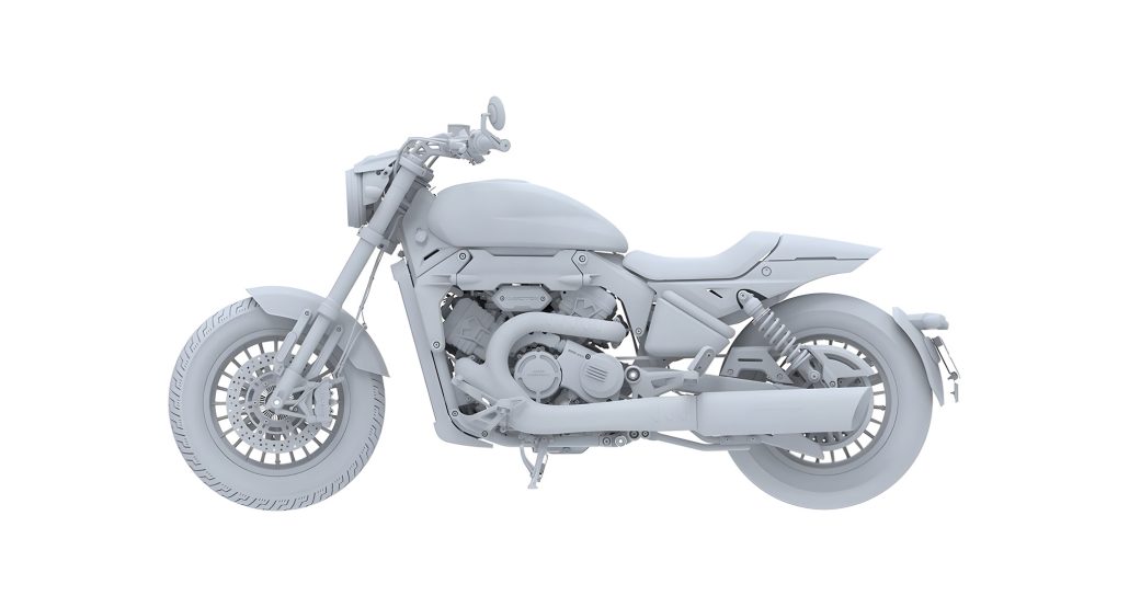 QJMotor Plans V4 Flagship: Equus Design Meets Significantly More Displacement 1 QJMotor V4 Cruiser – Designregistrierung 3D-Render, linke Seitenansicht mit V4-Motor, Doppelendrohr, flachem Tank und niedrigem Sitz