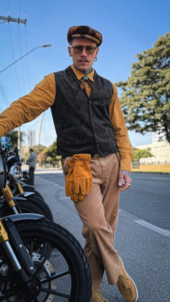 Triumph Speed Twin 1200 Cafe Racer DGR Edition: Einzelstück mit Harris Tweed für den guten Zweck 3 DGR-Botschafter João Terra im klassischen Gentleman-Outfit mit brauner Schiebermütze, Tweed-Weste und senfgelben Lederhandschuhen neben seinem Motorrad auf einem Stadtboulevard in Brasilien