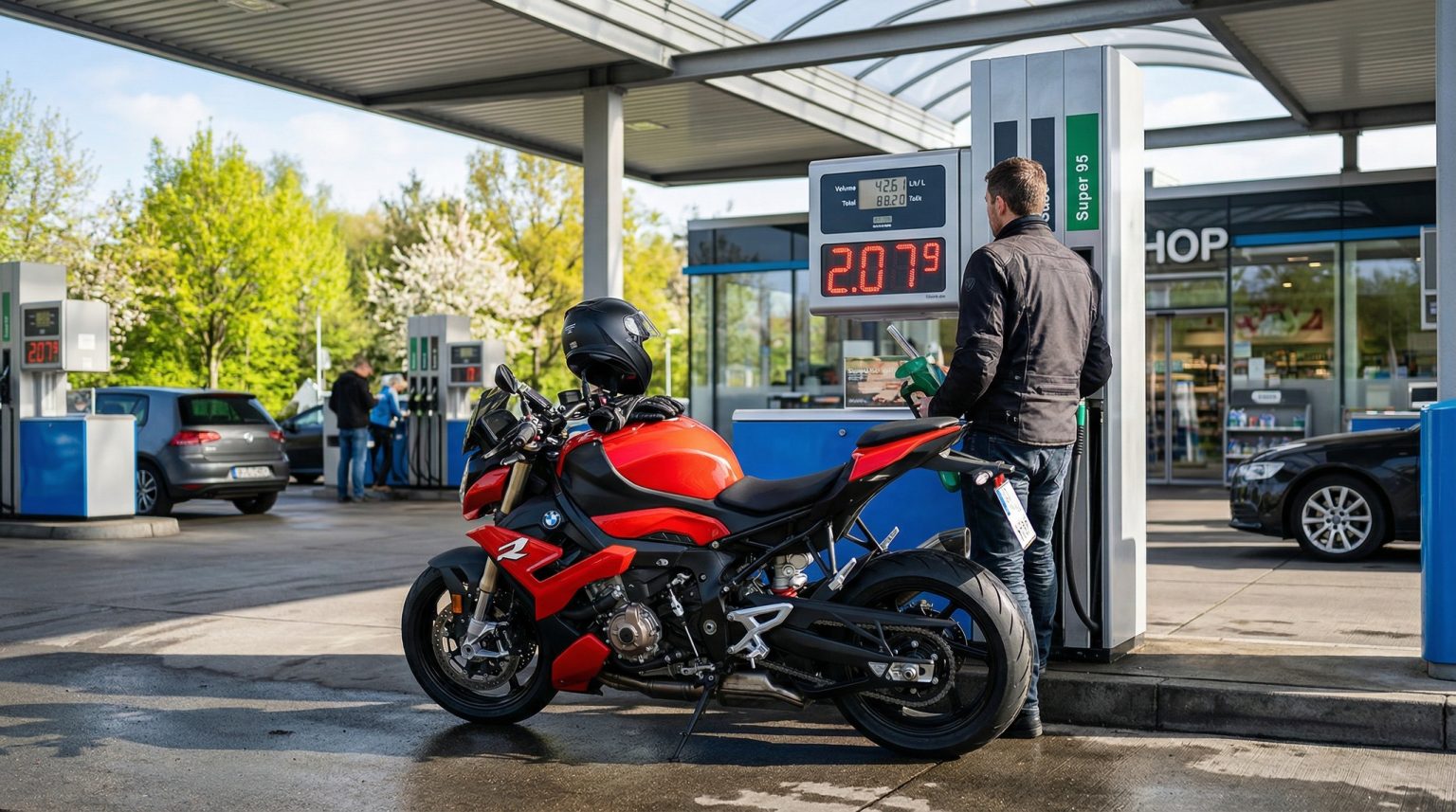 Fuel Prices Soar at Season Start: What Motorcyclists Need to Know Rot-schwarzes Sportmotorrad an einer deutschen Tankstelle, Fahrer mit Helm beim Tanken, digitale Preisanzeige zeigt 2,079 Euro pro Liter, Fruehlingsstimmung mit bluehenden Baeumen im Hintergrund, Saisonstart 2026
