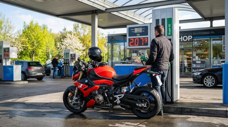 Rot-schwarzes Sportmotorrad an einer deutschen Tankstelle, Fahrer mit Helm beim Tanken, digitale Preisanzeige zeigt 2,079 Euro pro Liter, Fruehlingsstimmung mit bluehenden Baeumen im Hintergrund, Saisonstart 2026