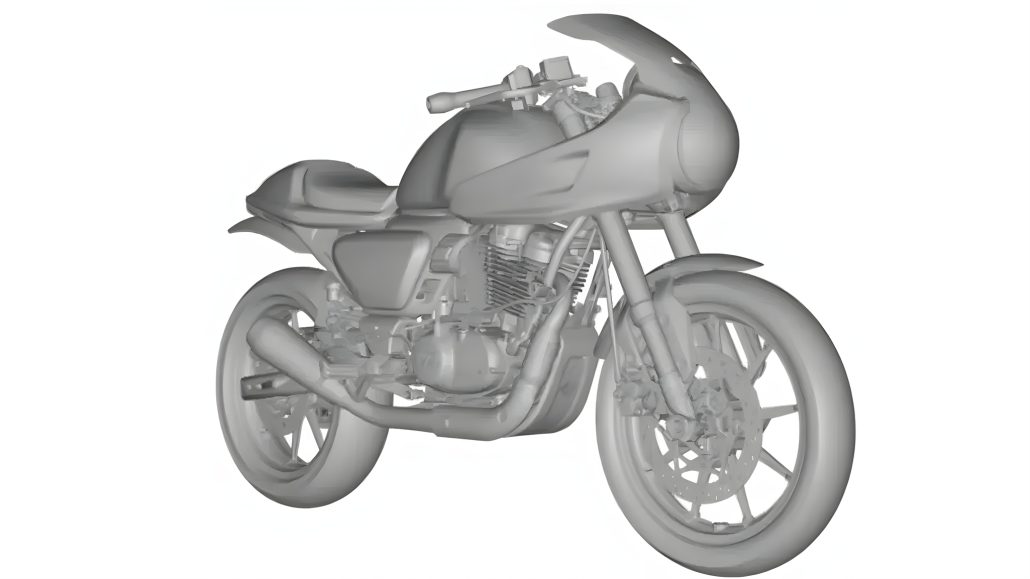 TVS Ronin Café Racer Designpatent 3D-Zeichnung mit Bikini-Verkleidung und Heck-Cowl – Schrägansicht rechts vorne