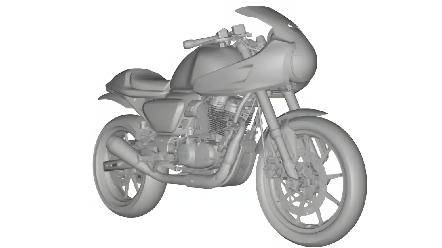 TVS Ronin Café Racer: Designpatent macht Hoffnung auf Serienproduktion TVS Ronin Café Racer Designpatent 3D-Zeichnung mit Bikini-Verkleidung und Heck-Cowl – Schrägansicht rechts vorne