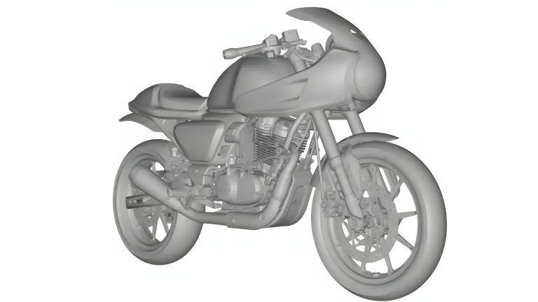 TVS Ronin Café Racer: Design Patent Raises Hopes for Production TVS Ronin Café Racer Designpatent 3D-Zeichnung mit Bikini-Verkleidung und Heck-Cowl – Schrägansicht rechts vorne