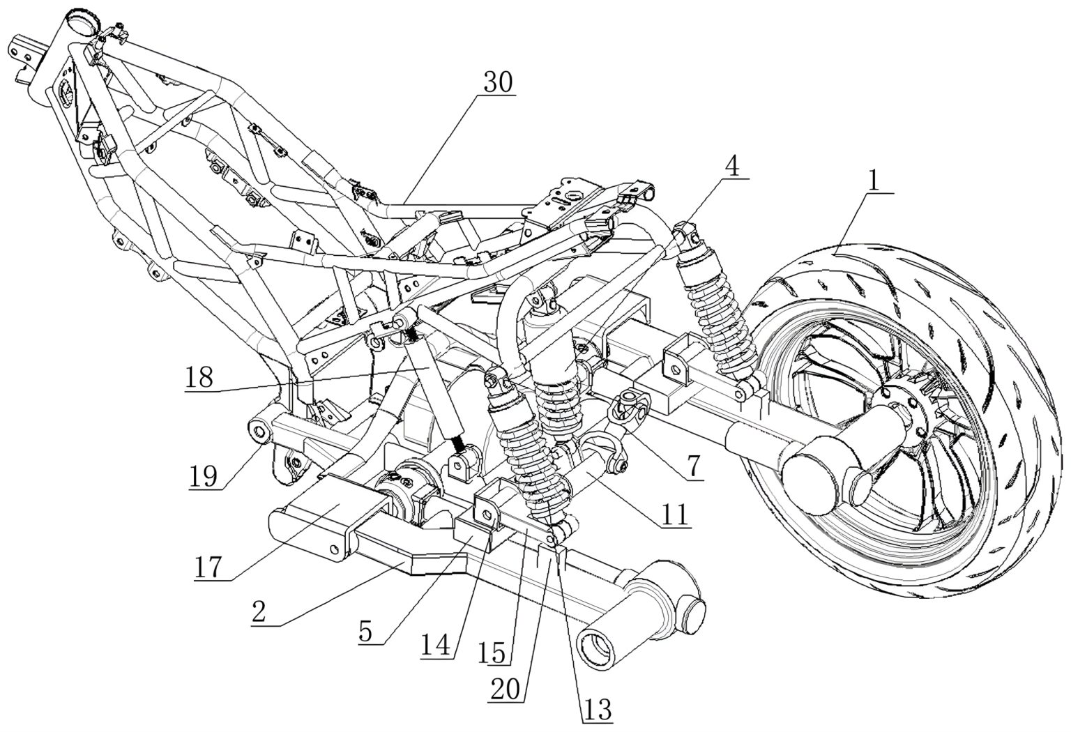 Zongshen Dreirad Patent – Gesamtansicht des neigbaren Hinterrad-Moduls mit Rahmen, zwei Hinterrädern, Schwingen und Dreifach-Federungssystem