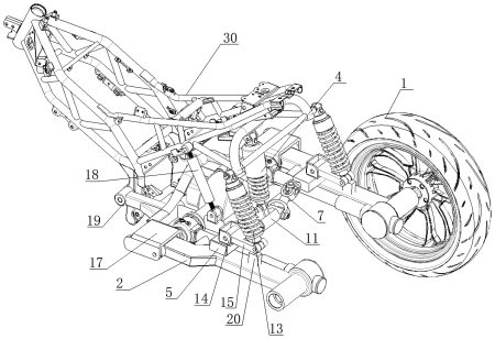 Zongshen Dreirad Patent – Gesamtansicht des neigbaren Hinterrad-Moduls mit Rahmen, zwei Hinterrädern, Schwingen und Dreifach-Federungssystem