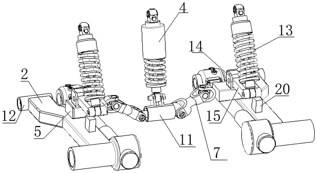 Zongshen Dreirad Patent – Detailansicht der Hinterradfederung mit zwei seitlichen Feder-Dämpfer-Einheiten, zentralem Luftfederbein und Kardangelenk-Verbindungen zu beiden Schwingen