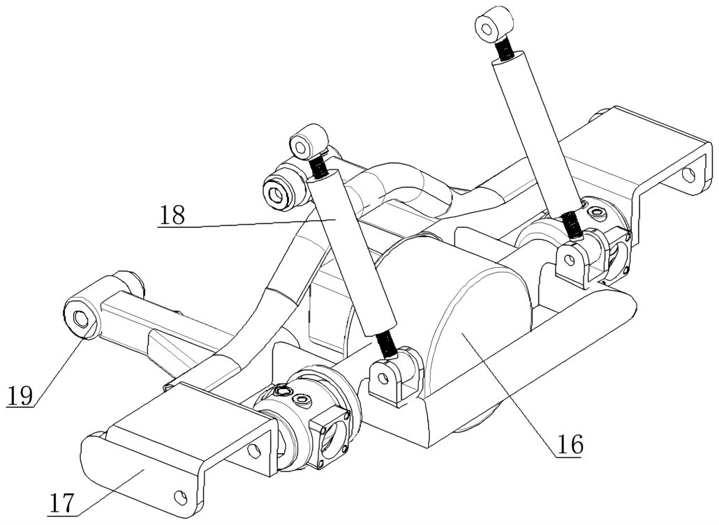 Zongshen Dreirad Patent – Nahaufnahme des Differenzialgehäuses mit Kardanwellen-Ausgängen, verstellbaren Hilfsrahmen-Streben und Schwingenlagerung