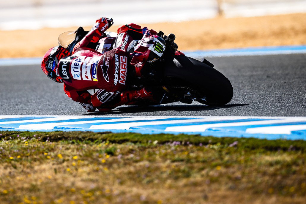Marc Marquez Returns at Mugello: What the Ducati Champion Expects After Double Surgery 2 Marc Marquez leaning deep on the Ducati Desmosedici GP26 – MotoGP IRTA Test Jerez 2026