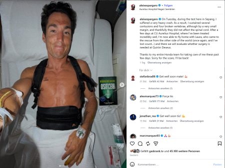 Aleix Espargaro im Krankenhausbett des CU Aurelius Hospital in Sepang nach seinem schweren Sturz beim Honda MotoGP-Privattest – Instagram-Post mit Rückenorthese und Infusionen, vier Wirbelbrüche