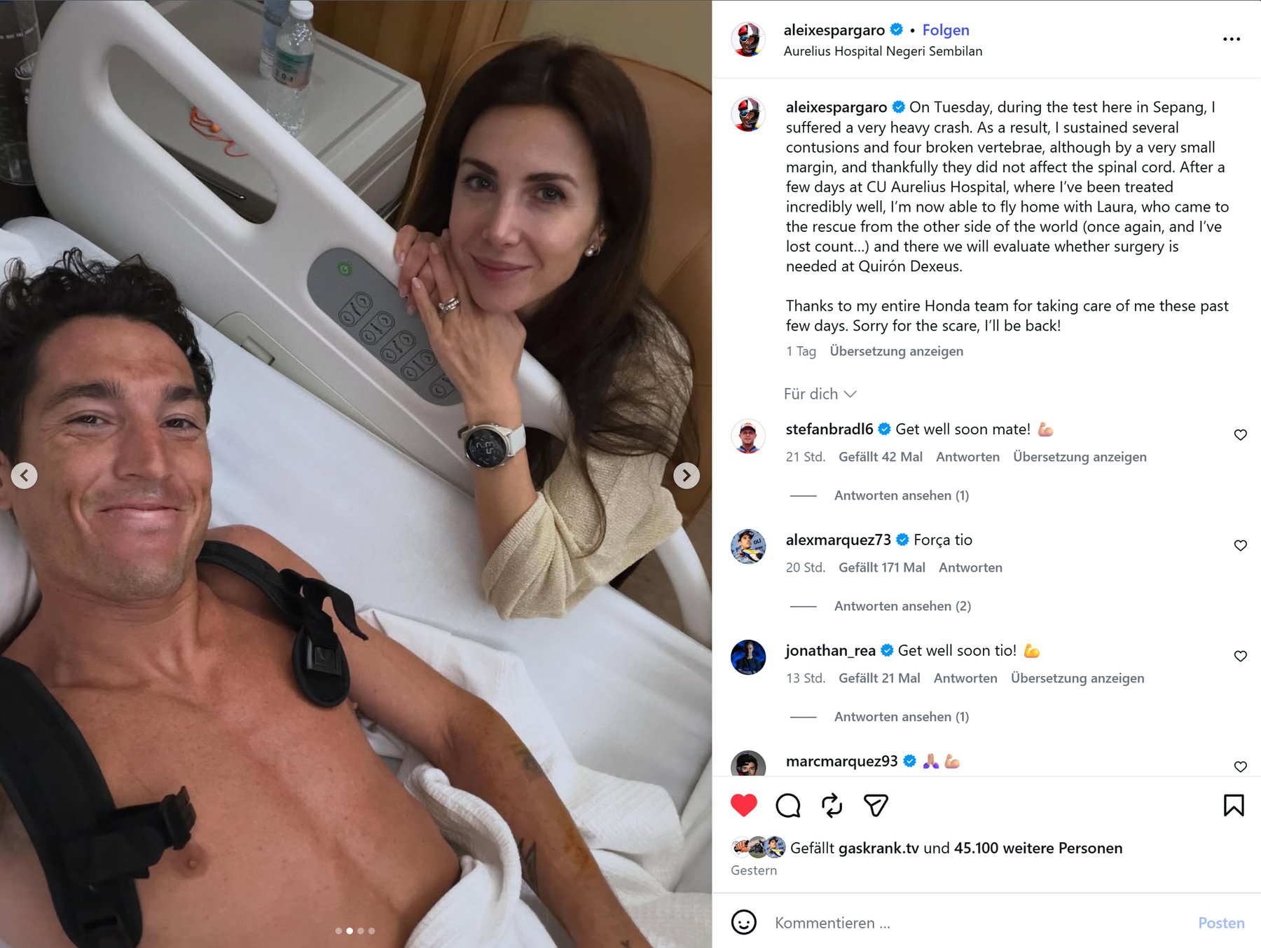 Aleix Espargaro mit seiner Frau Laura im CU Aurelius Hospital in Sepang nach dem Honda MotoGP-Testunfall - Instagram-Foto aus dem Krankenhausbett, vier Wirbelbrueche nach schwerem Sturz