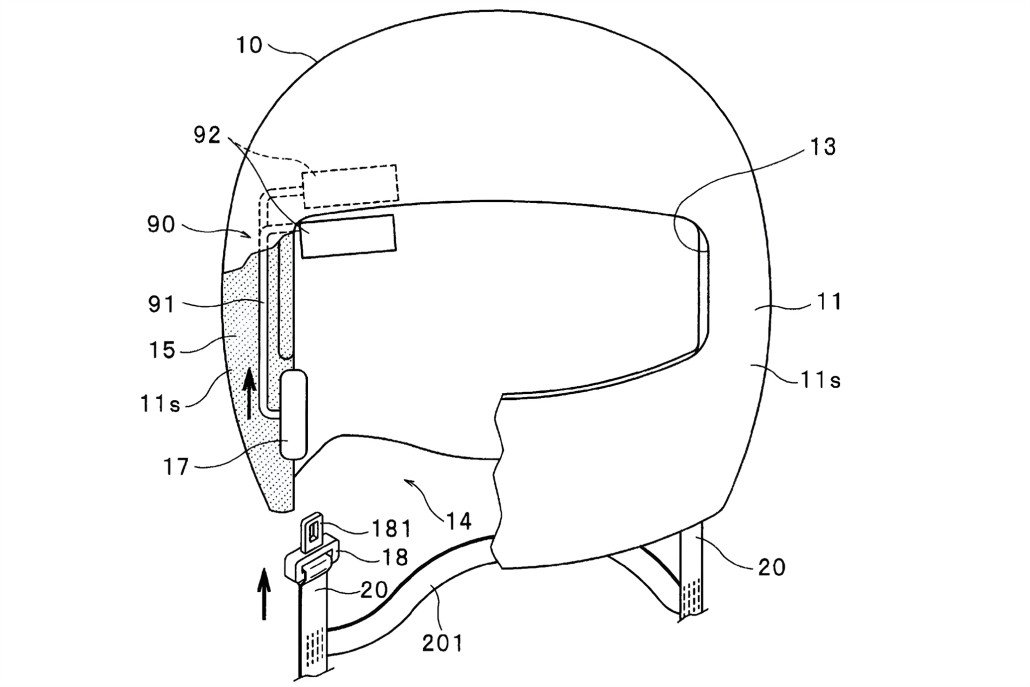 Autoliv Helmgurt-Patent – Technische Zeichnung eines Integralhelms mit integriertem Aufrollmechanismus und selbstjustierendem Kinnriemen in Seitenansicht