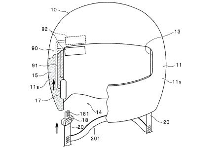 Autoliv Helmgurt-Patent – Technische Zeichnung eines Integralhelms mit integriertem Aufrollmechanismus und selbstjustierendem Kinnriemen in Seitenansicht