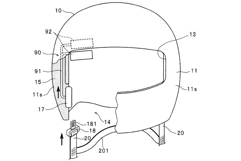Autoliv patentiert selbstjustierenden Helmgurt mit Sicherheitsgurt-Technologie Autoliv Helmgurt-Patent – Technische Zeichnung eines Integralhelms mit integriertem Aufrollmechanismus und selbstjustierendem Kinnriemen in Seitenansicht