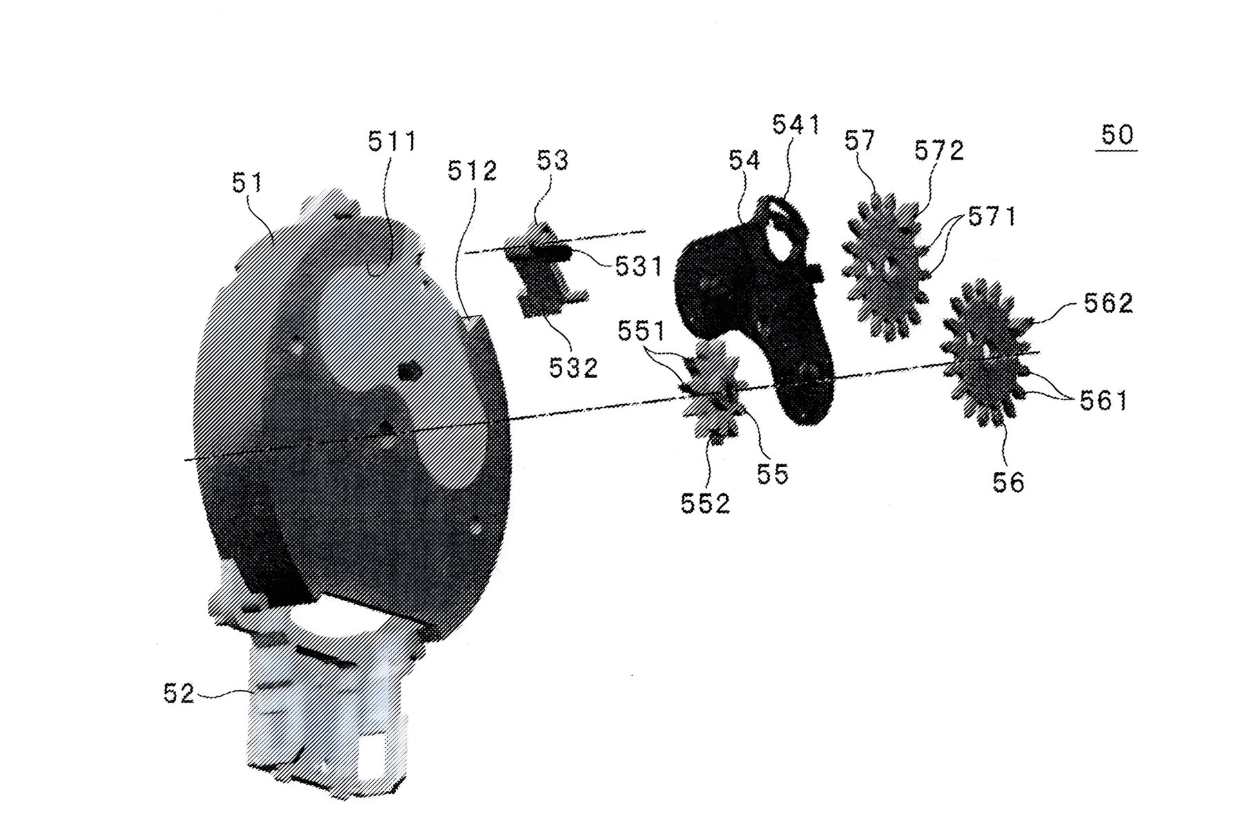 Autoliv Helmgurt-Patent – Explosionsdarstellung des Inertia-Reel-Aufrollmechanismus mit Sperrklinke, Zahnrädern und Federgehäuse