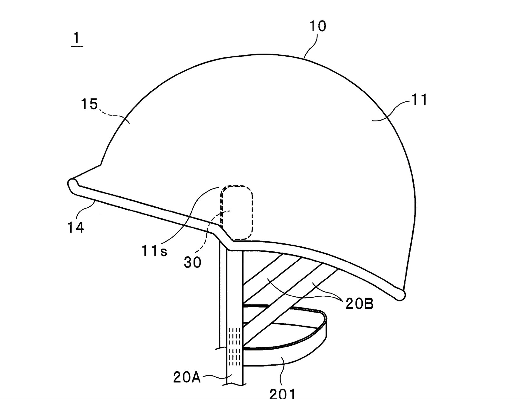 Autoliv Helmgurt-Patent – Patent-Zeichnung eines Halbschalenhelms mit vertikalem Gurtband und Aufrollmechanismus am Nacken
