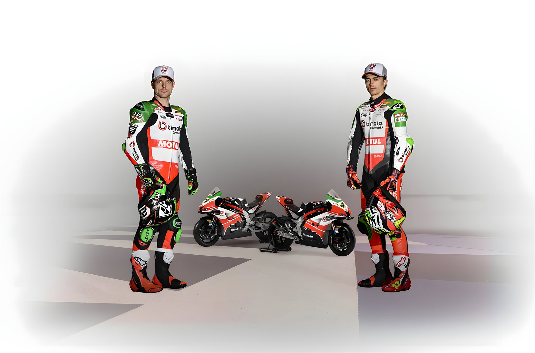 Bimota by Kawasaki Racing Team 2026 – WorldSBK riders Alex Lowes and Axel Bassani in team kit next to a KB998 Rimini Elite