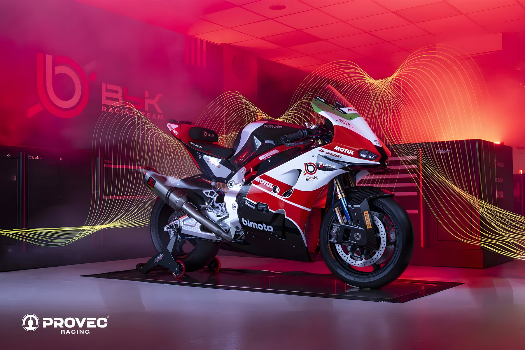 Bimota KB998 Rimini Elite 2026 – presentation by Provec Racing, right-side view with BbK logo and lighting effects at the team headquarters