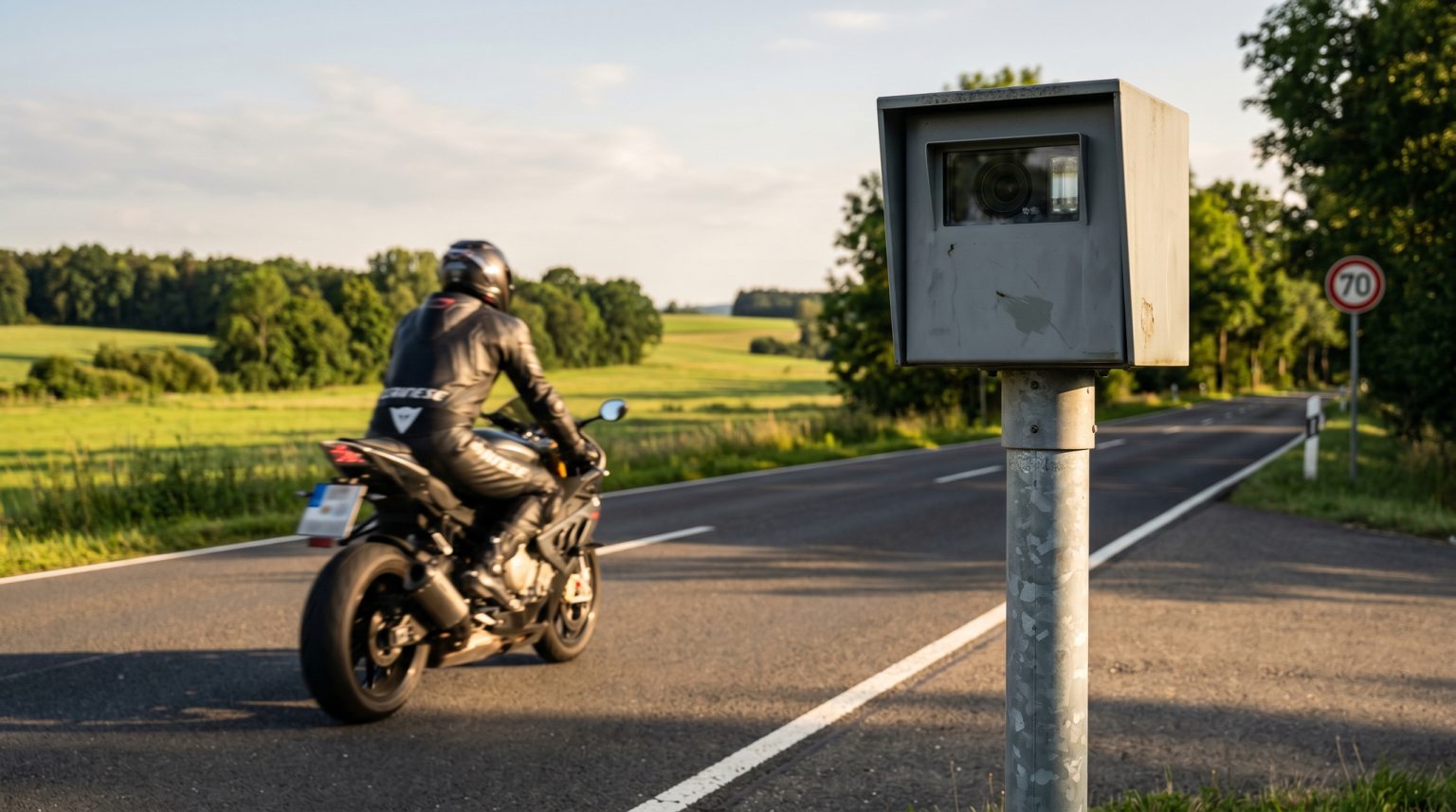 Stationärer Blitzer (Starenkasten) am Rand einer deutschen Bundesstraße im Sommer, im Hintergrund fährt ein Motorradfahrer in schwarzer Lederkombi auf einem dunklen Sportmotorrad vom Blitzer weg, Tempo-70-Schild rechts, warmes Abendlicht – Symbolbild zum Blitzermarathon August 2026 und ROADPOL Operation Two-Wheelers