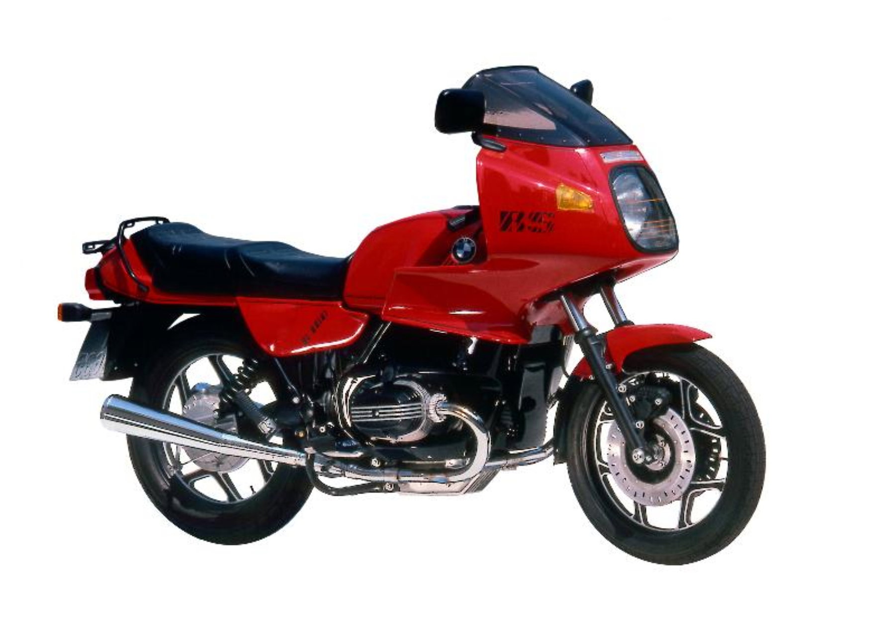 BMW R 100 RS Monolever – Seitenansicht von rechts in Rot mit Boxermotor auf weißem Hintergrund, Baujahr 1986-1992