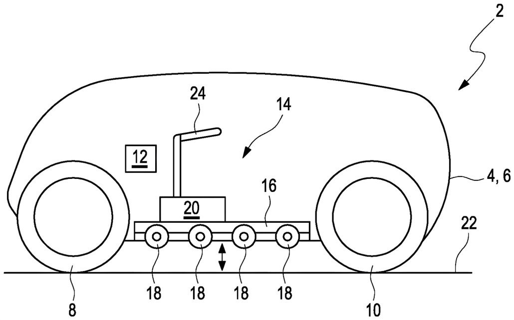 BMW Patent geschlossenes Motorrad – Technische Zeichnung Seitenansicht mit geschlossener Karosserie, Vorder- und Hinterrad, absenkbarem Fahrgestell mit Stuetzraedern und Lenker