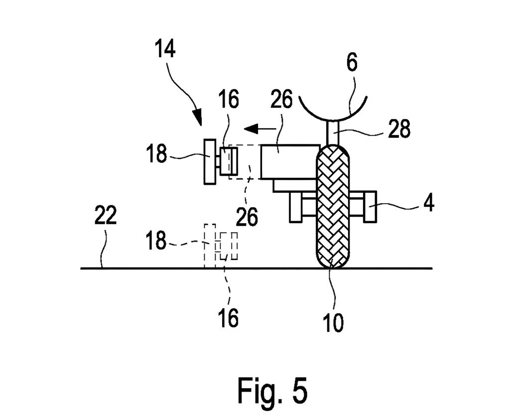BMW Patent for Fully Enclosed Motorcycle: Eight Support Wheels and Teardrop Design 1 BMW enclosed motorcycle patent – Technical drawing Fig. 5, detail view of the support wheel mechanism with retractable support wheels at the front wheel