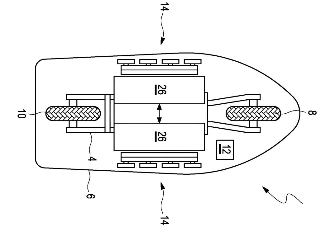 BMW Patent for Fully Enclosed Motorcycle: Eight Support Wheels and Teardrop Design 2 BMW enclosed motorcycle patent – Technical drawing top view of the enclosed bodywork with two battery units and wheel suspension