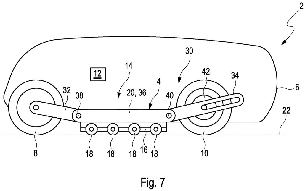 BMW Patent for Fully Enclosed Motorcycle: Eight Support Wheels and Teardrop Design 3 BMW enclosed motorcycle patent – Technical drawing Fig. 7, side view with steering linkage, swingarm and retractable support wheel system