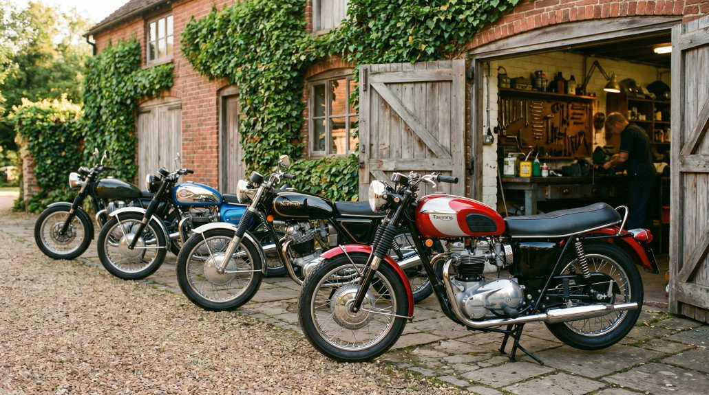 Klassische britische Motorräder aus den 1960er und 1970er Jahren vor einer traditionellen englischen Werkstatt im warmen Morgenlicht