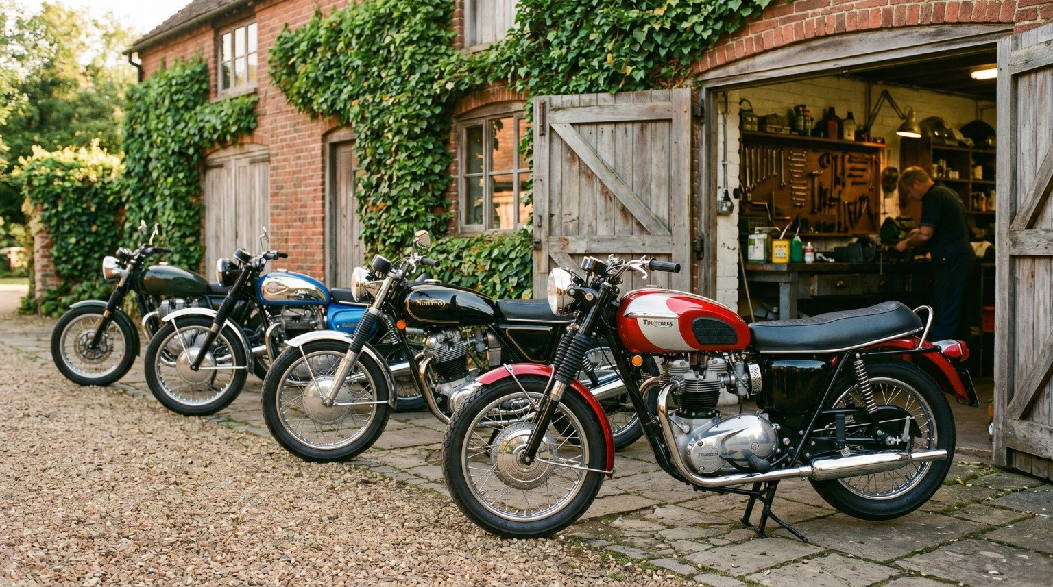 Klassische britische Motorräder aus den 1960er und 1970er Jahren vor einer traditionellen englischen Werkstatt im warmen Morgenlicht