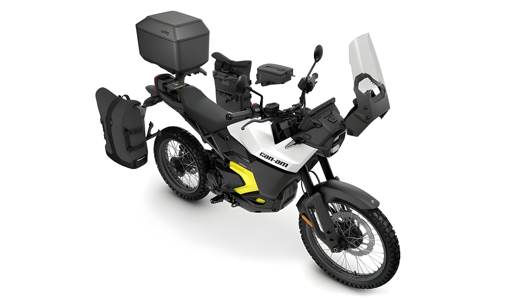 Can-Am Origin 2025 in Bright White with full LinQ accessory set - top case, side cases, windshield and additional bags in the studio