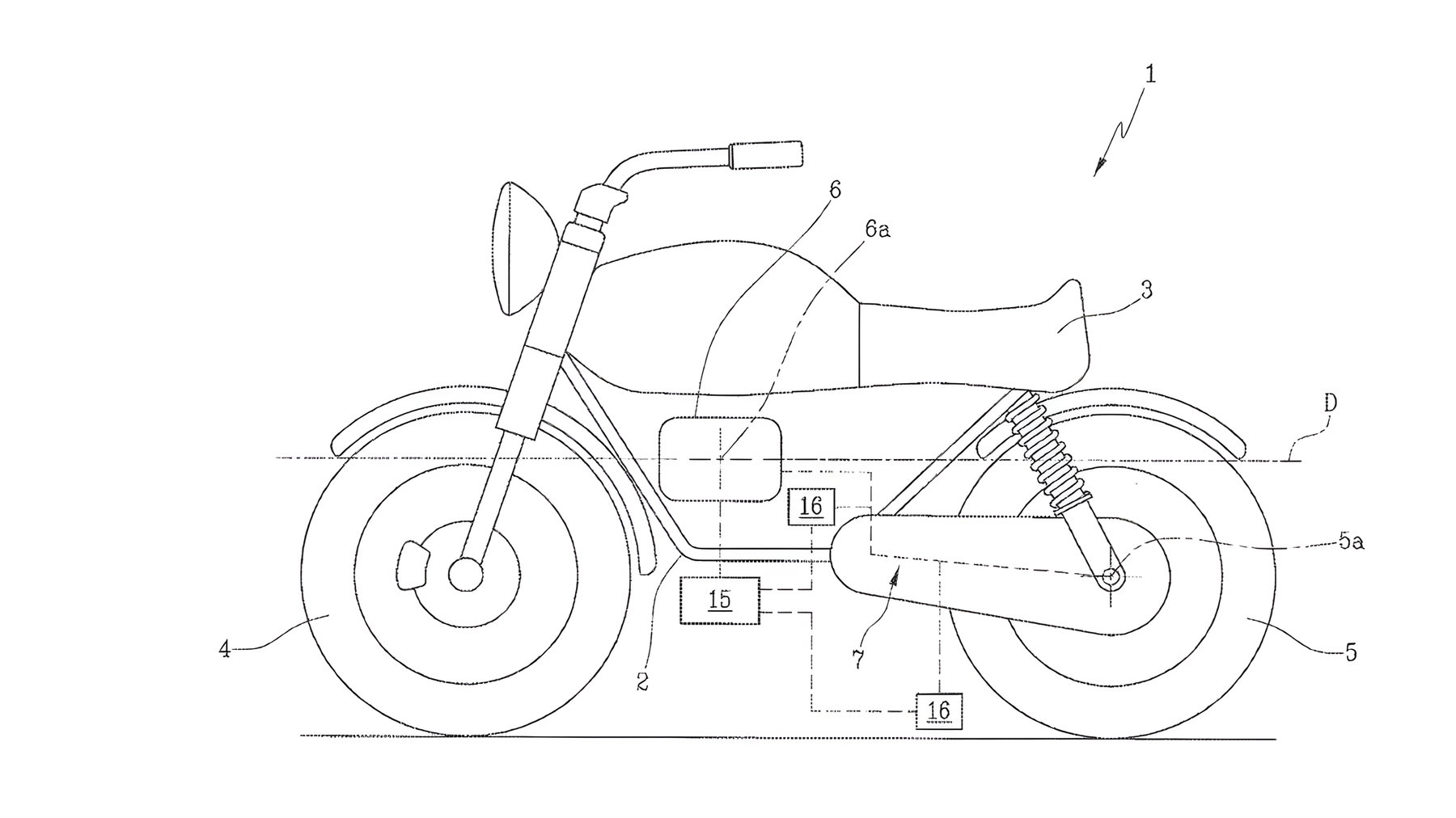 Ducati patent WO2026058129 electric motorcycle - side view as patent drawing with transverse motor, gearbox and position sensor